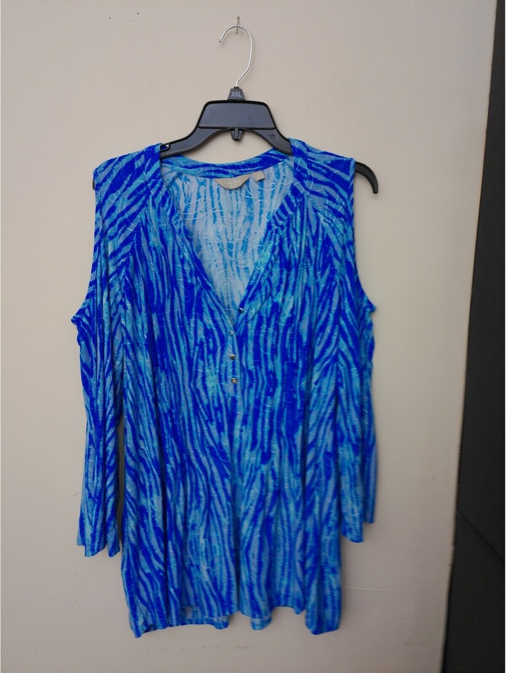 Coral Bay‎ Womens Cold Shoulder Tunic Top 2X Plus Blue Zebra Print Henley